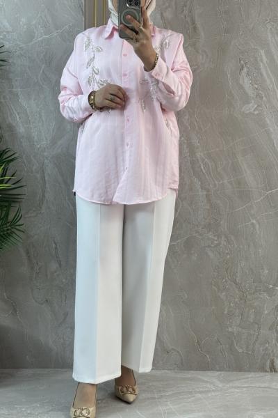 TAŞ İŞLEMELİ ÇİZGİLİ GÖMLEK Açık Pembe