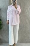 TAŞ İŞLEMELİ ÇİZGİLİ GÖMLEK Açık Pembe