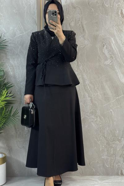 TAŞ DETAYLI CEKETLİ ETEKLİ TAKIM Siyah