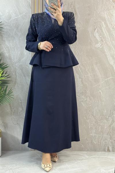 TAŞ DETAYLI CEKETLİ ETEKLİ TAKIM Lacivert