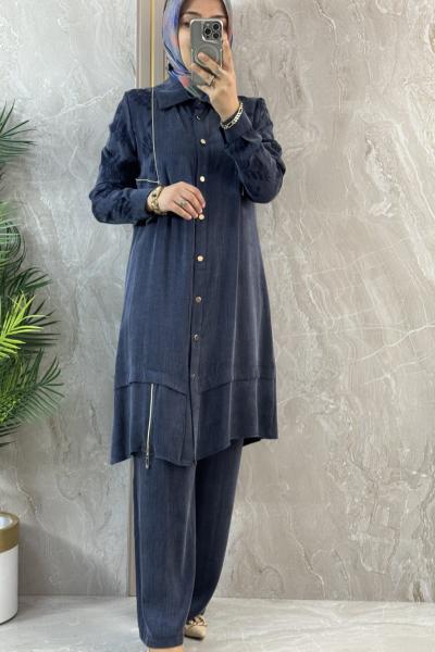 FERMUAR DETAYLI İPEK QUPRA TAKIM indigo Mavi