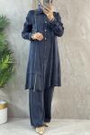 FERMUAR DETAYLI İPEK QUPRA TAKIM indigo Mavi