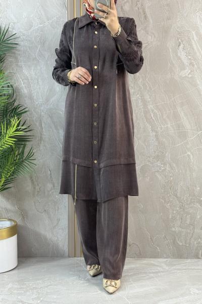 FERMUAR DETAYLI İPEK QUPRA TAKIM Kahverengi