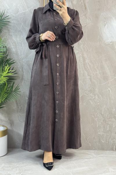 KUPRA ÖNÜ DÜĞMELİ ELBİSE Kahverengi