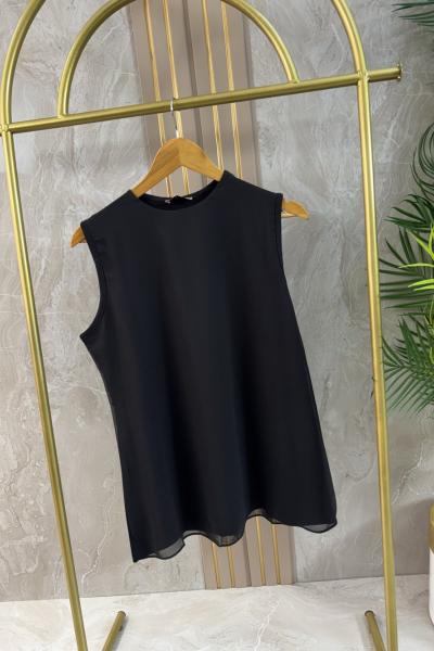 ŞİFONLU PENYE KOLSUZ TUNİK Siyah