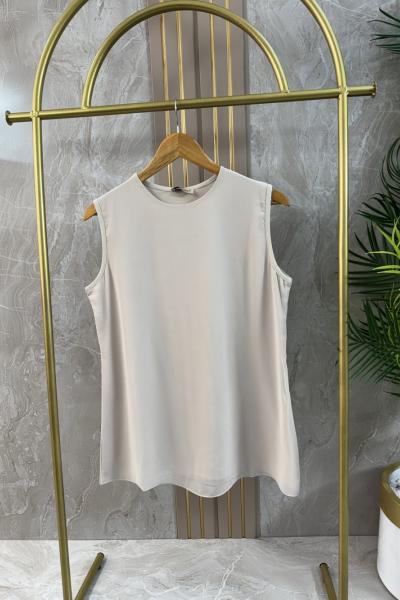 ŞİFONLU PENYE KOLSUZ TUNİK Bej