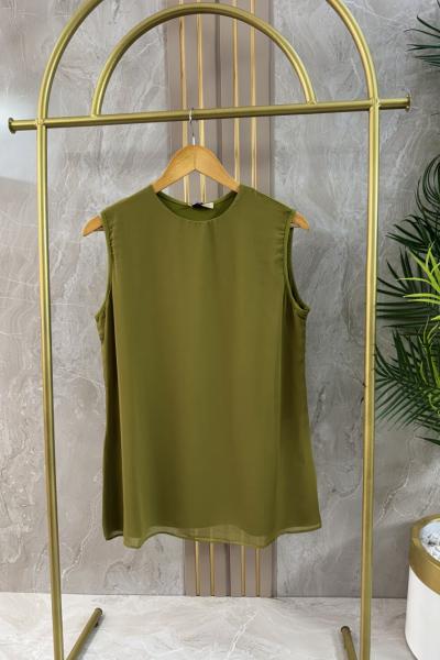 ŞİFONLU PENYE KOLSUZ TUNİK Yeşil