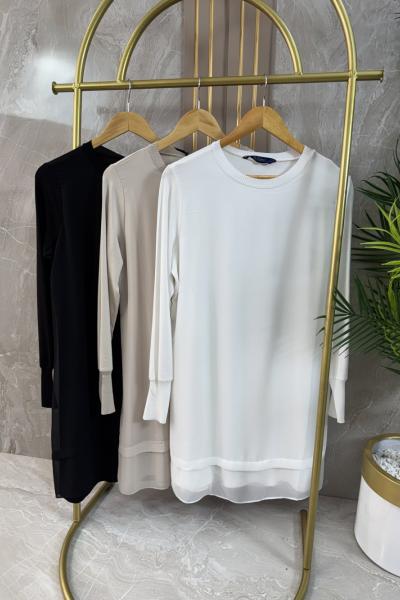 ŞİFONLU UZUN KOLLU PENYE TUNİK Bej