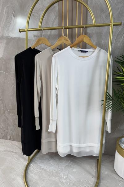 ŞİFONLU UZUN KOLLU PENYE TUNİK Siyah