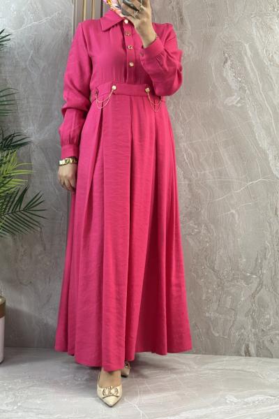 ÖNÜ YARIM DÜĞMELİ ELBİSE  Fuşya