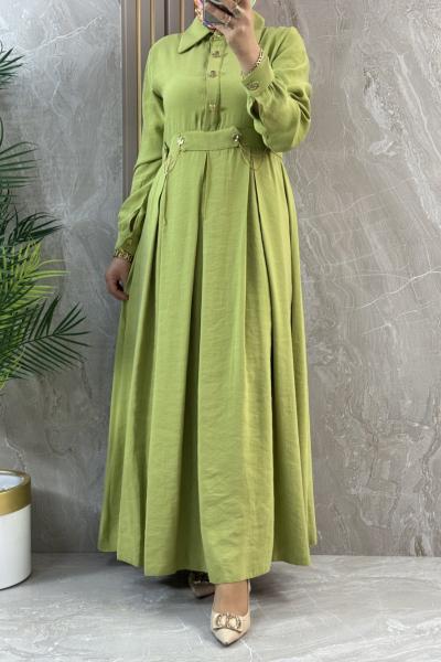 ÖNÜ YARIM DÜĞMELİ ELBİSE  Fıstık Yeşili
