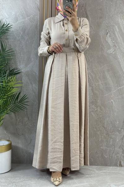 ÖNÜ YARIM DÜĞMELİ ELBİSE  Bej