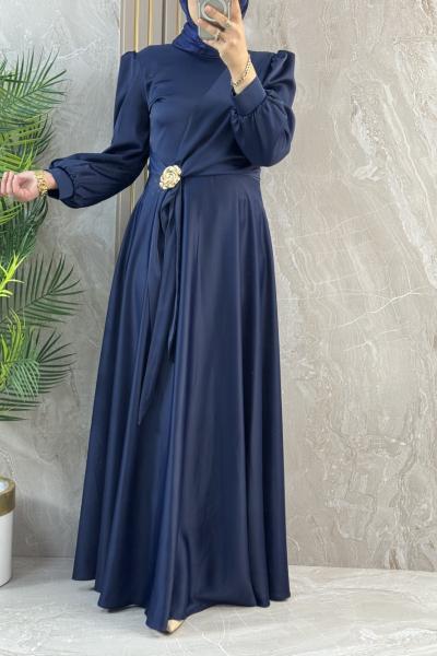 SATEN BROŞ DETAYLI ELBİSE  Lacivert