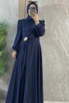 SATEN BROŞ DETAYLI ELBİSE  Lacivert