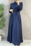 SATEN BROŞ DETAYLI ELBİSE  Lacivert