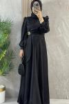 SATEN BROŞ DETAYLI ELBİSE  Siyah