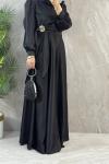 SATEN BROŞ DETAYLI ELBİSE  Siyah