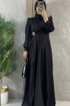 SATEN BROŞ DETAYLI ELBİSE  Siyah
