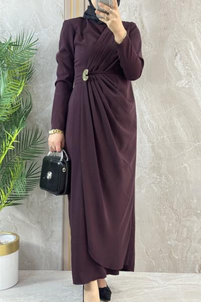 BROŞ DETAYLI KREP ELBİSE  Bordo