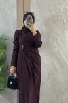 BROŞ DETAYLI KREP ELBİSE  Bordo