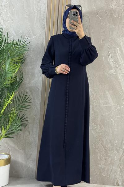 ÖNÜ DÜĞME DESENLİ ABİYE ELBİSE SADE Lacivert