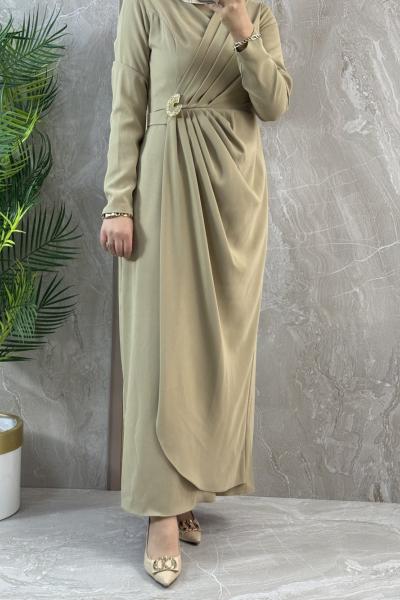 BROŞ DETAYLI KREP ELBİSE  Mint Yeşili