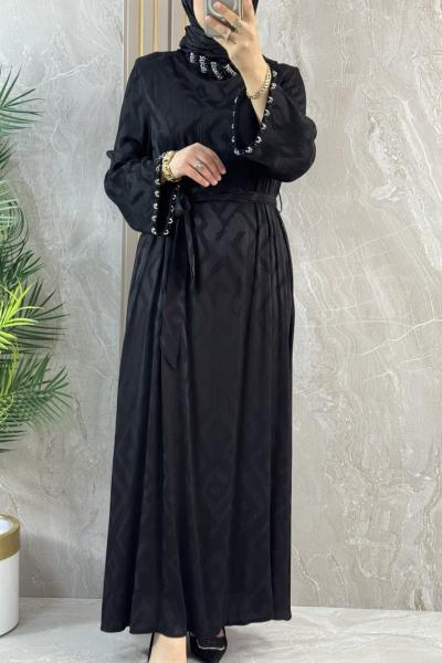 YAKASI TAŞLI GENİŞ KOL KESİM ELBİSE  Siyah