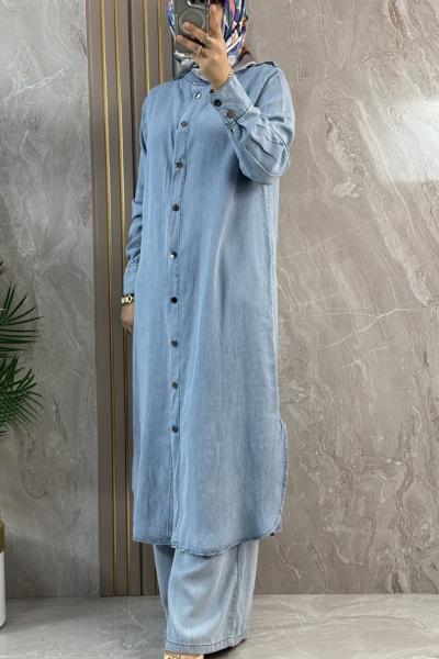 TENCEL KOT CEPLİ UZUN GÖMLEK BUZ MAVİSİ