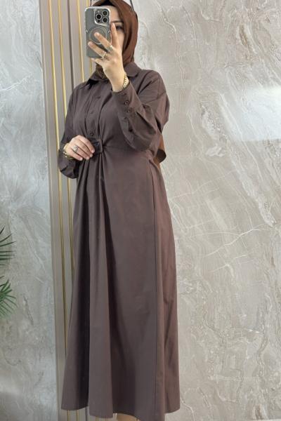ÖNÜ YARIM DÜĞMELİ ELBİSE  Kahverengi