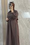 ÖNÜ YARIM DÜĞMELİ ELBİSE  Kahverengi