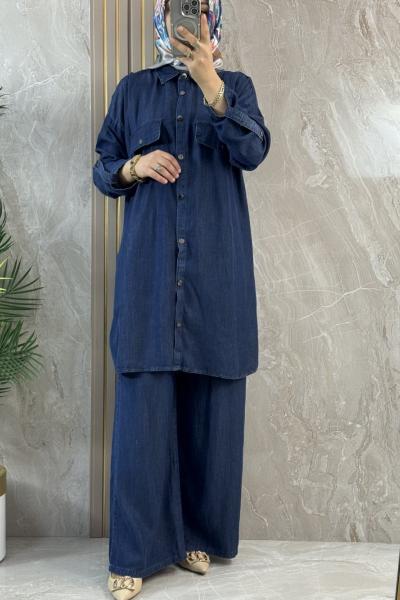 TENCEL CEPLİ DÜĞMELİ TAKIM koyu Mavi