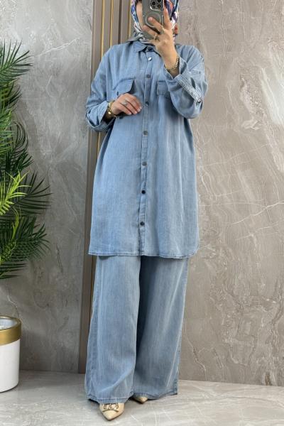 TENCEL CEPLİ DÜĞMELİ TAKIM BUZ MAVİSİ