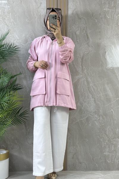 CEPLİ KOLU PULLU CEKET Pembe