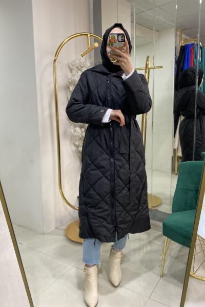 560013 FERMUAR DETAYLI UZUN KAPİTONE MONT Siyah