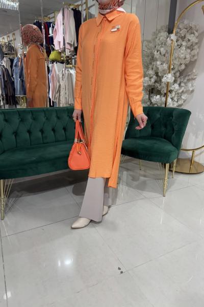 AHŞAP EL İŞLEMELİ UZUN TUNİK Turuncu