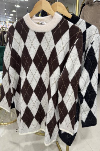 BAKLAVA DESEN TRİKO TUNİK Kahverengi Bej