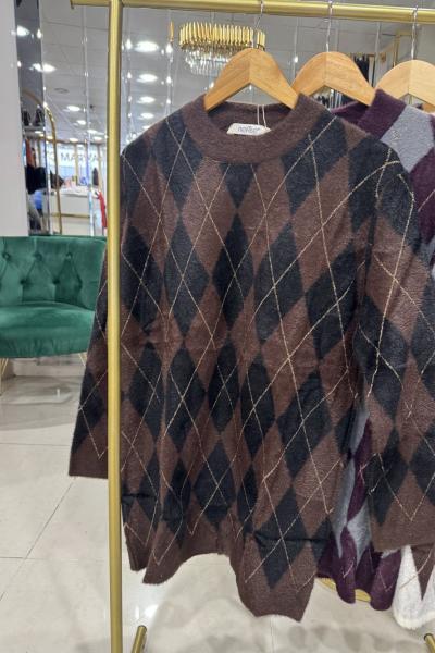 BAKLAVA DESEN TRİKO TUNİK Siyah Kahverengi