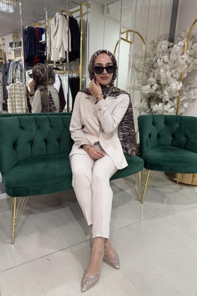 BEJ BLAZER KOLU CİZGİLİ TAKIM Bej