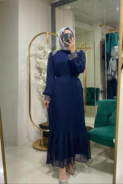 BNN T4393 PLİSELİ ŞİFON ABİYE Lacivert