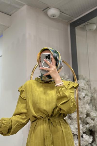 BNN1110 BÜRÜMCÜK Kumaş elbise Yağ Yeşili