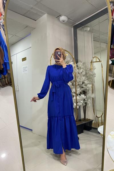 Bürümcük düğmeli elbise Saks Mavisi