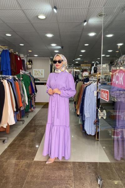 Bürümcük düğmeli elbise Lila