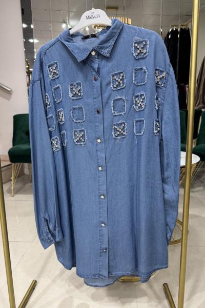 BÜYÜK BEDEN TENSEL TAŞLI GÖMLEK Açık Mavi