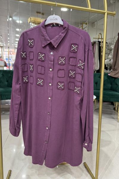 BÜYÜK BEDEN TENSEL TAŞLI GÖMLEK Mürdüm