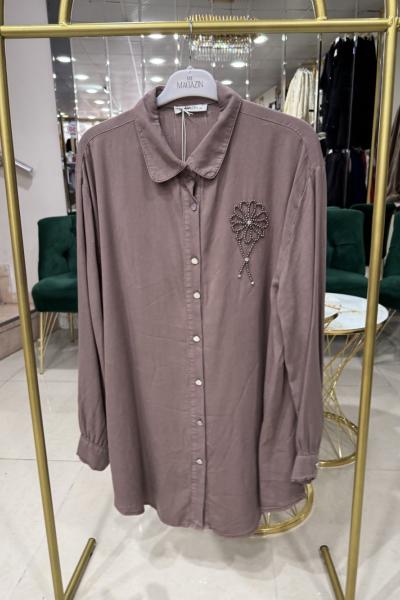 BÜYÜK BEDEN İNCİLİ TENSEL TUNİK Kahverengi