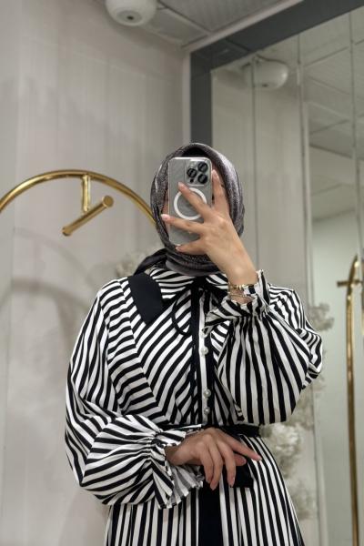 ÇİZGİLİ ELBİSE Siyah