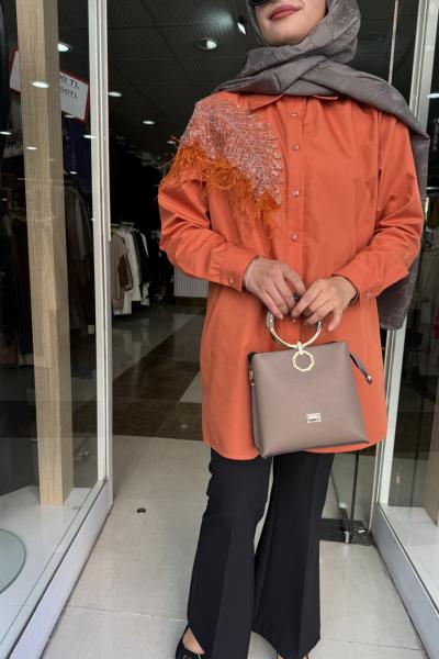 coton gömlek aplike tüylü Kiremit