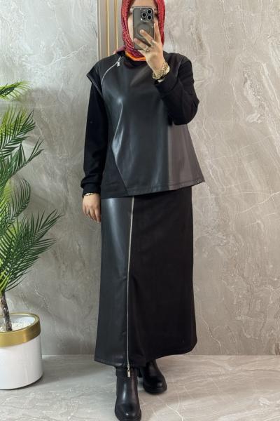 DERİ SÜET MODAL 3 LÜ ETEKLİ TAKIM Siyah