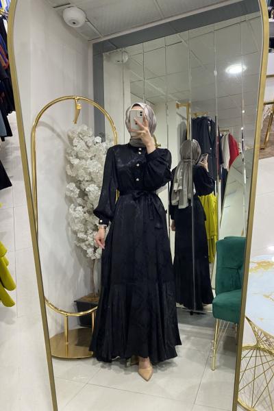 Düğme detay jakar elbise Siyah