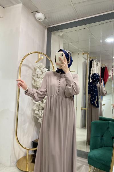 DÜĞMELİ ROBALI ELBİSE Bej